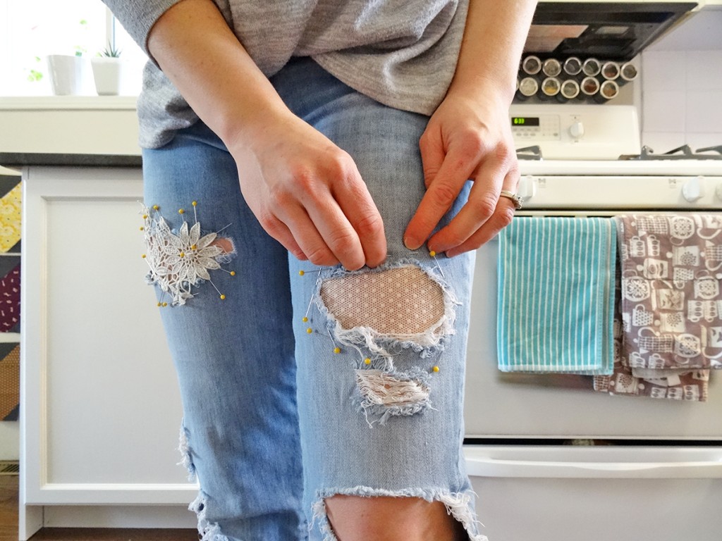 Pin a lace patch to your jeans Pin a lace patch to your jeans
