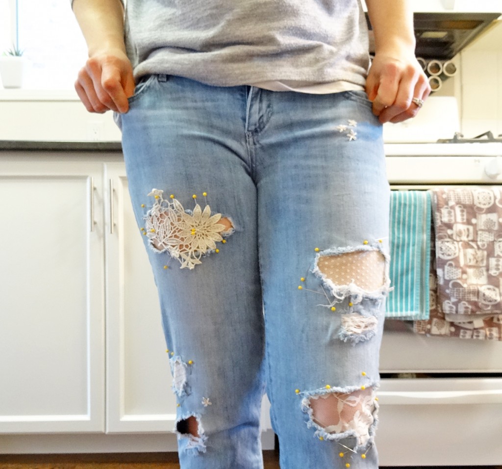Pinned Jean Patches and Embroidered Lace Pinned Jean Patches and Embroidered Lace