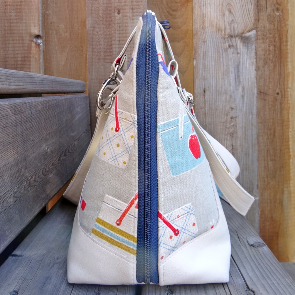 Boronia Bowler Bag Side View Blue Calla, sewn, handmade, purse, cotton + steel, boronia bowler