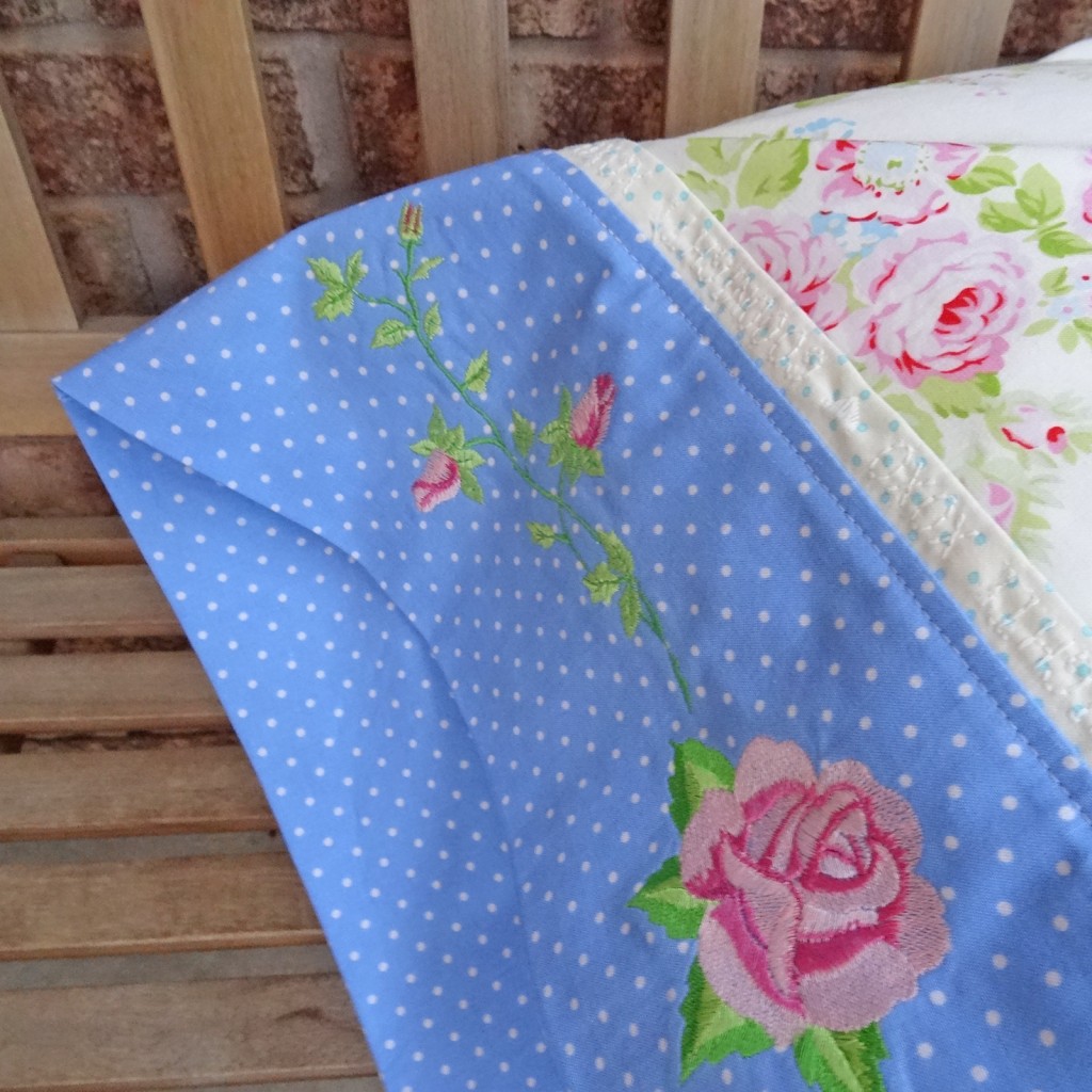 Embroidery on a pillowcase band with accent strip diy pillowcase, secret message, glow in the dark, glow-in-the-dark, handmade, pillowcase