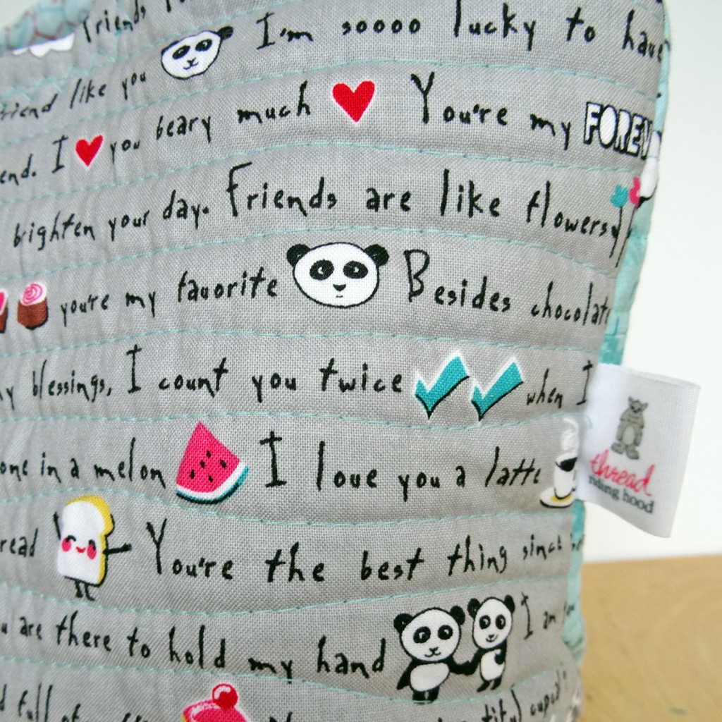 Close-up Panda Love Text fabric panda love, lunch bag, panda, tutorial, sew, insulated lunch box, sewing tutorial